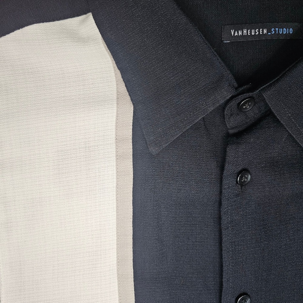 Van Heusen‎ Mens XXL 2XL Black Button Down Short Sleeve Colorblock Bowling Shirt - Picture 4 of 5